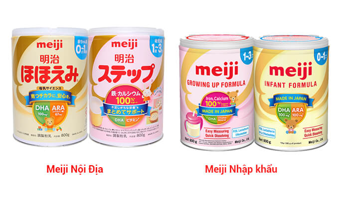 Cả 2 dạng Meiji xách tay và nhập khẩu đều có trọng lượng 800g/lon dành cho trẻ 0-1 tuổi và trẻ 1-3 tuổi