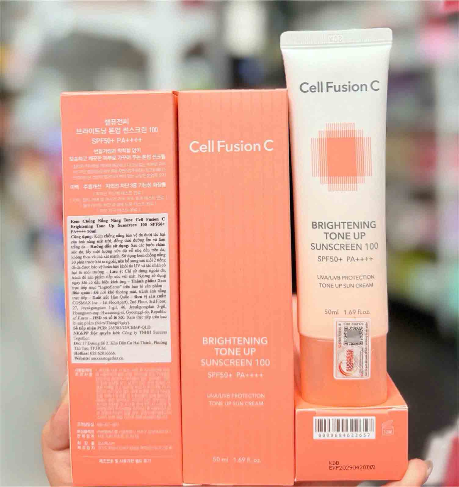 Kem chống nắng cell fusion c brightening tone up màu cam