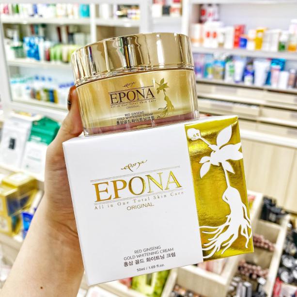 Epona vàng (All in One Total Skincare Original): nổi bật với hồng sâm, vàng 24K giúp làm mờ thâm, tàn nhang cải thiện các nếp nhăn. 