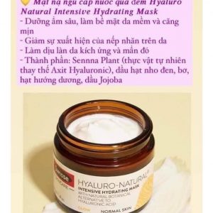 Mặt nạ dưỡng ẩm cấp nước Swisse Hyaluro Natural Intensive: với hơn 20 acid amin cùng các thành phần vitamin và khoáng chất, da được dưỡng ẩm chuyên sâu, làm căng mọng và tái tạo làn da. Da không còn thô ráp, bong tróc và giúp tăng cường độ đàn hồi, săn chắc cho da sau mỗi lần sử dụng. 