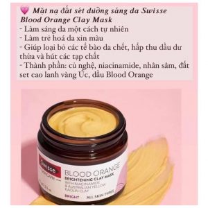 Mặt nạ đất sét sáng da Swisse Skincare Blood Orange Brightening Clay Mask: Da được dưỡng trắng và trẻ hóa hiệu quả nhờ sự kết hợp giữa đất sét, cam đỏ và các chiết xuất từ đu đủ, nghệ, nhân sâm, đất sét cao lanh vàng. Tất cả tạo nên một hỗn hợp giàu dưỡng chất cho làn da.