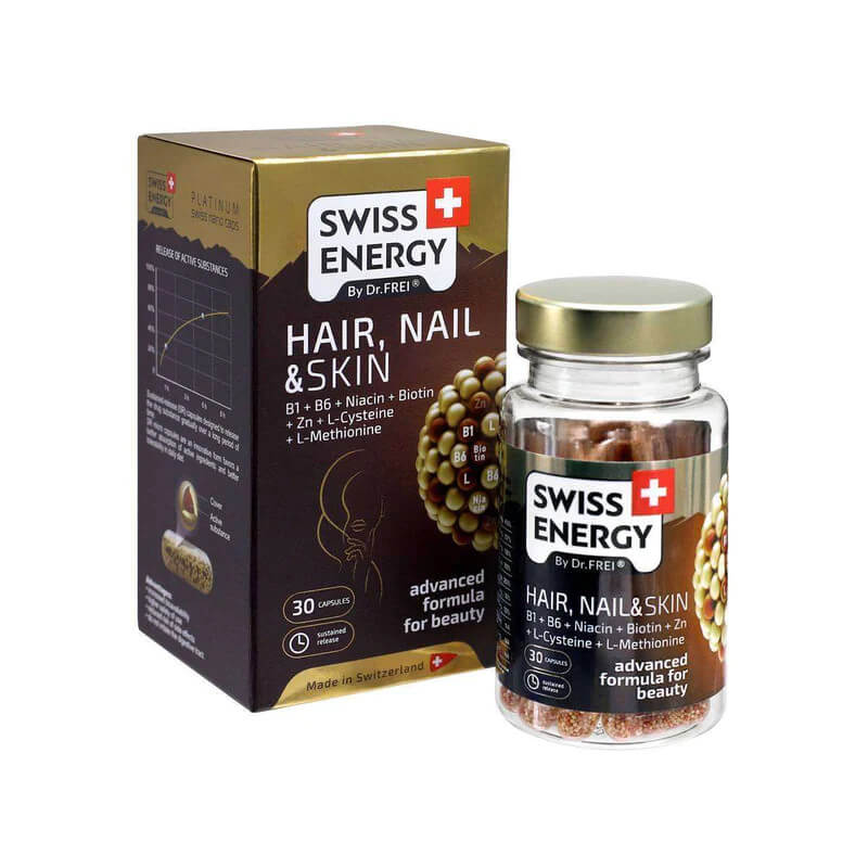 Swisse Energy Hair, Nail & Skin: viên uống giúp bổ sung các loại vitamin nhóm B (B1, B3, B5, B6, B8) và kẽm