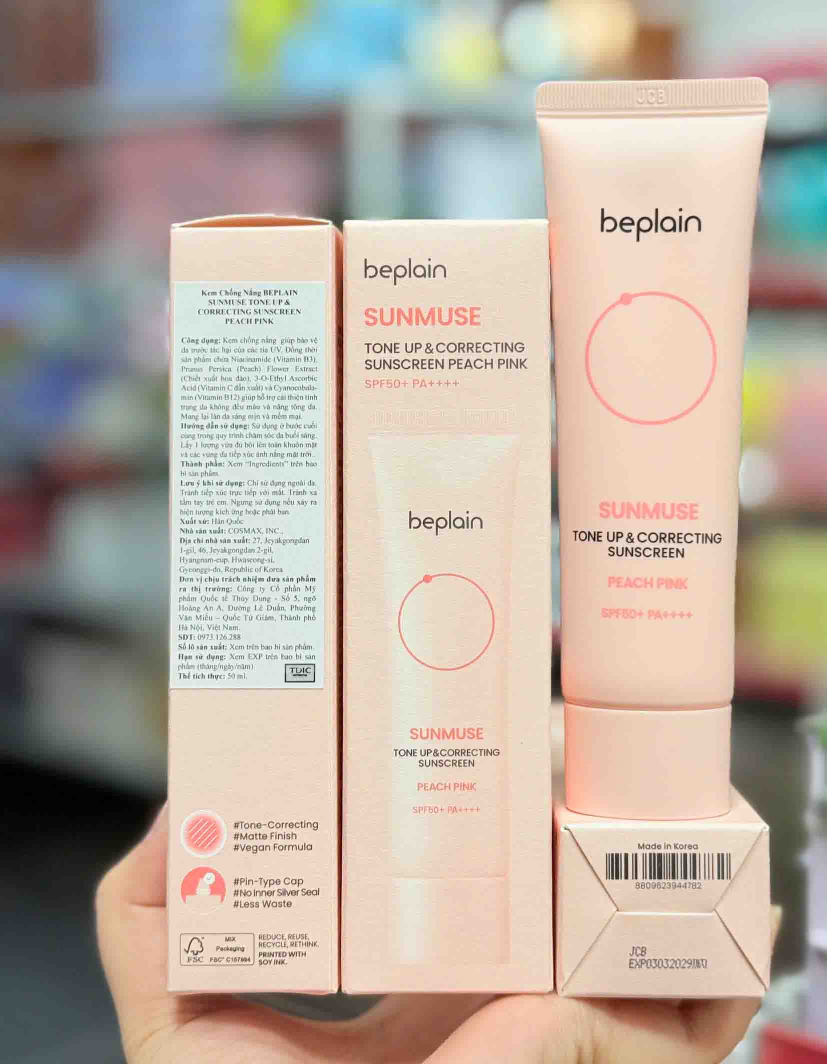 Beplain Sunmuse Tone Up & Correcting Sunscreen Peach Pink (Hồng pastel)