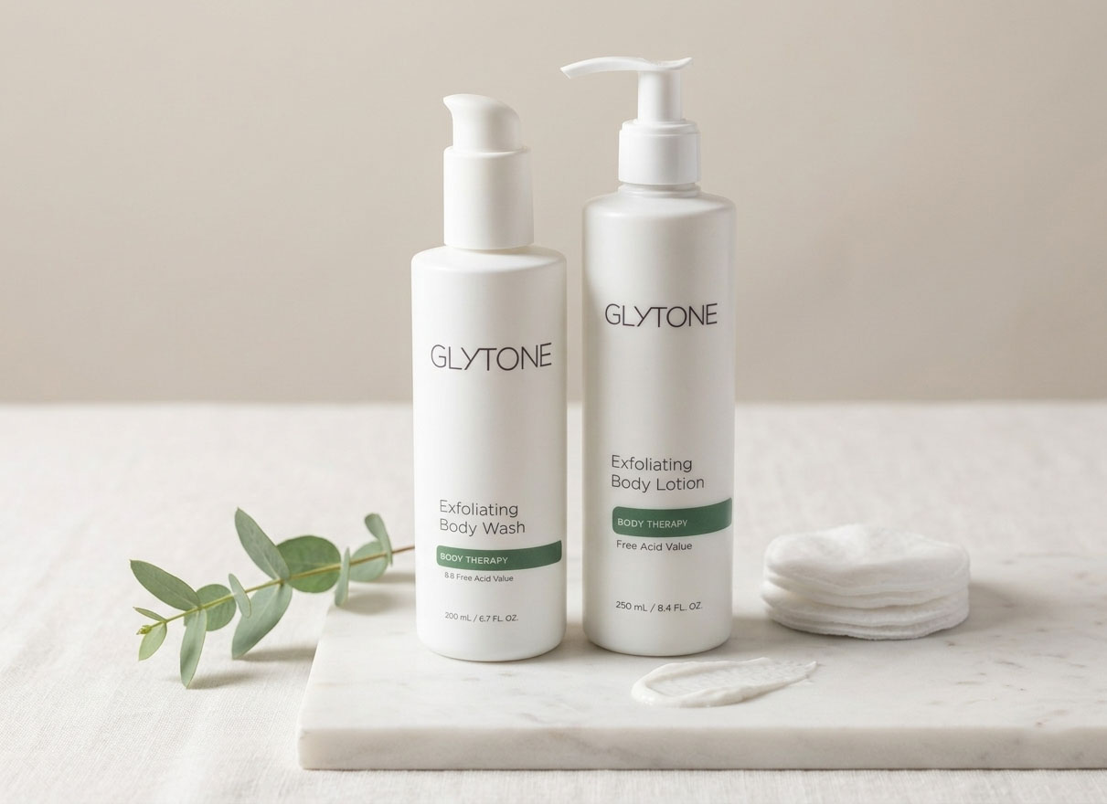 Bộ đôi sữa tắm, dưỡng tẩy tế bào chết Glytone KP Kit