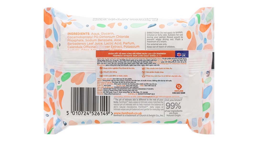 Khăn ướt vệ sinh vùng kín Femfresh Intimate Skin Care cam