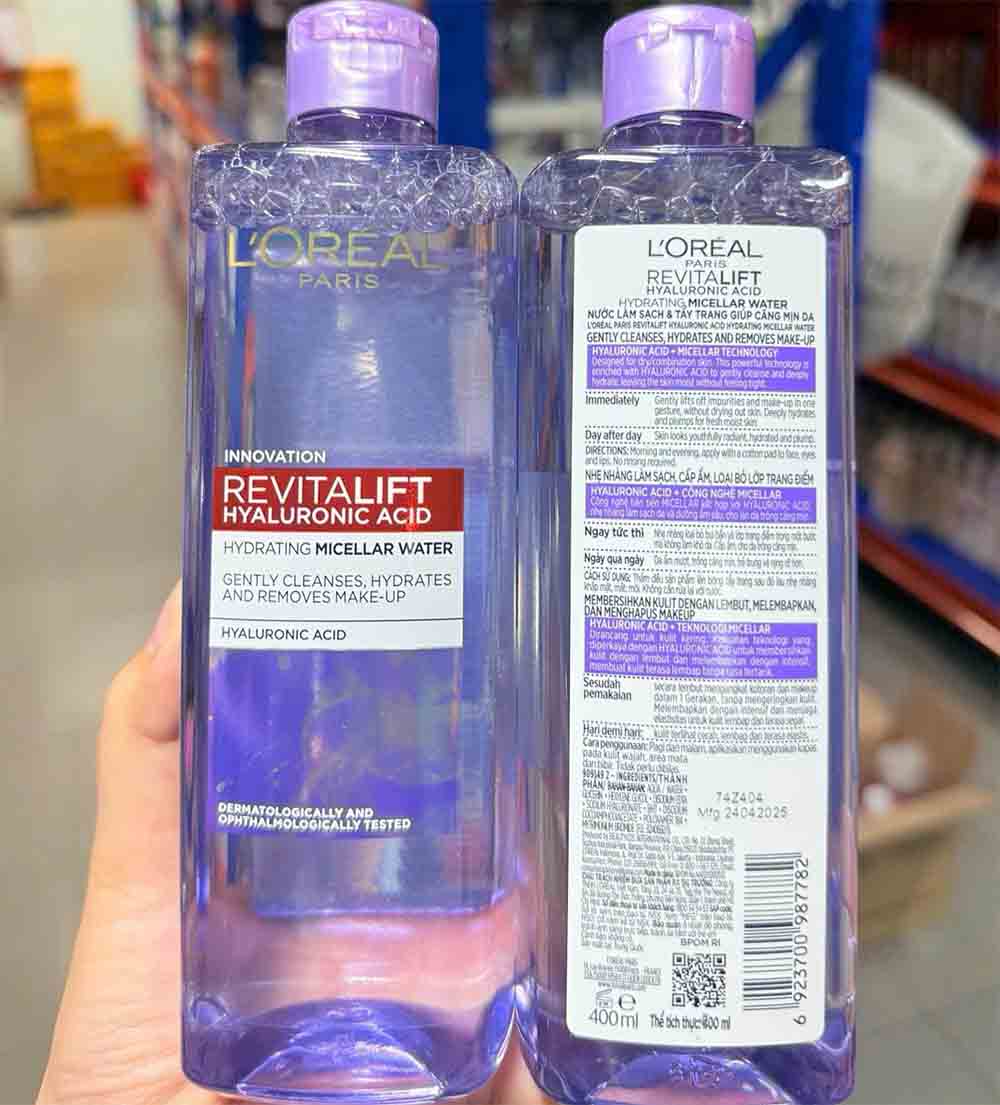 Nước tẩy trang Loreal màu tím Revitalift Hyaluronic Acid Hydrating Micellar Water